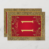 リバーシブル レッドとゴールドの花模様のテーブルナンバー ポストカード (正面/裏面)