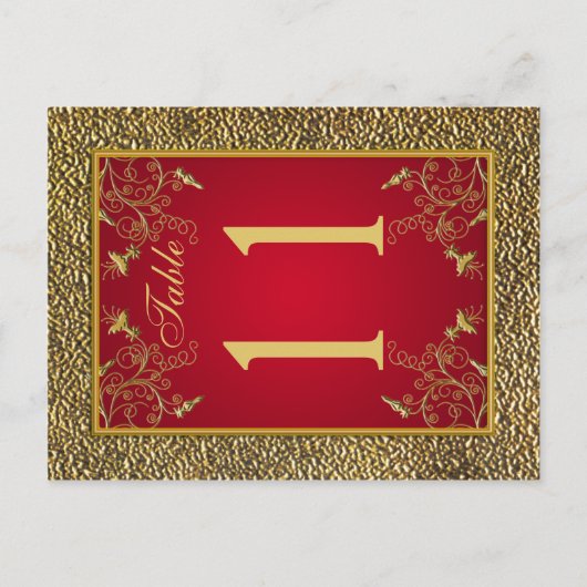 リバーシブル レッドとゴールドの花模様のテーブルナンバー ポストカード (正面)