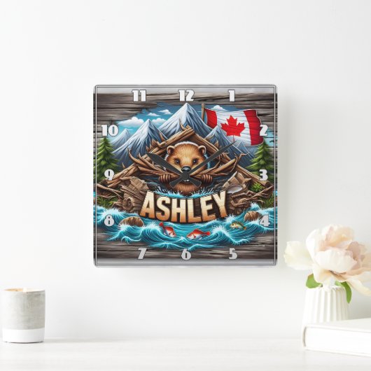 リバーバンクが持ち株を持つカナディアン・ビーバー スクエア壁時計 (ホーム)
