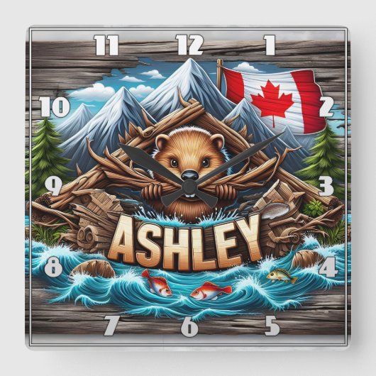 リバーバンクが持ち株を持つカナディアン・ビーバー スクエア壁時計 (正面)
