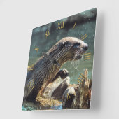リバー・オッター動物の恋人の野生動物写真 スクエア壁時計 (傾斜)