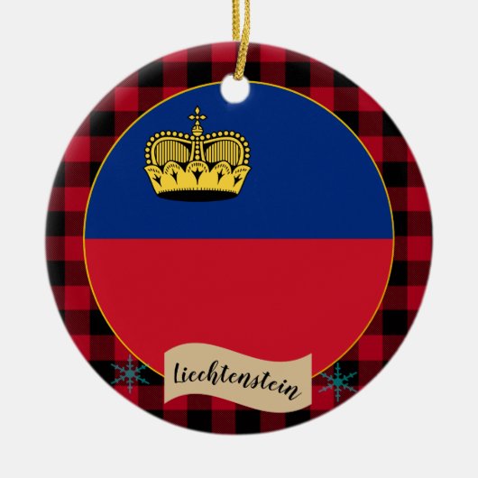 リヒテンシュタイン州旗、赤バッファロープレイド、愛国心 セラミックオーナメント (正面)