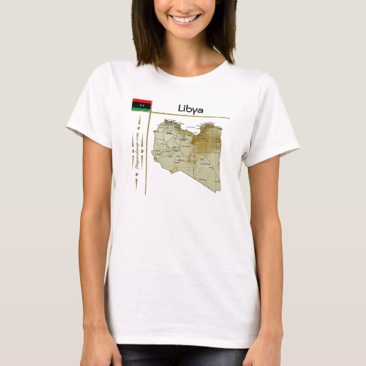 リビアの地図+国旗+タイトルTシャツ Tシャツ (正面)