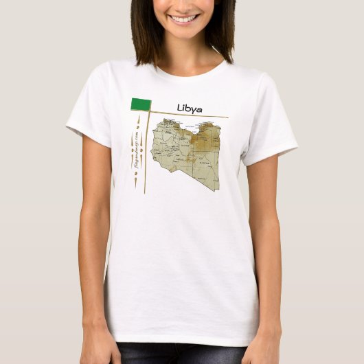リビア地図+旗+タイトルTシャツ Tシャツ (正面)