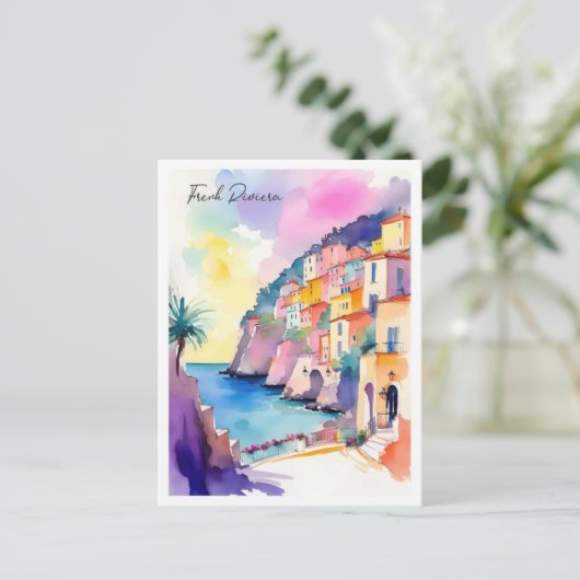リビエラフランスのフランスウォーターカラーイラストレーション ポストカード (スタンド正面)