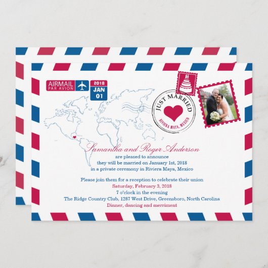 リビエラ マヤ メキシコ エアメール ポスト ウェディング レセプション 招待状 (正面/裏面)