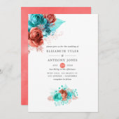 リビングコーラルとターコイズ結婚フローラ 招待状 (正面/裏面)