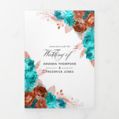 リビングコーラルとティール（緑がかった色）結婚ズ 三つ折り招待状 (カバー)