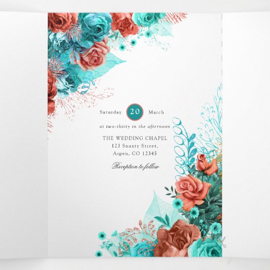 リビングコーラルとティール(緑がかった色)結婚ズ 三つ折り招待状 (内部中)