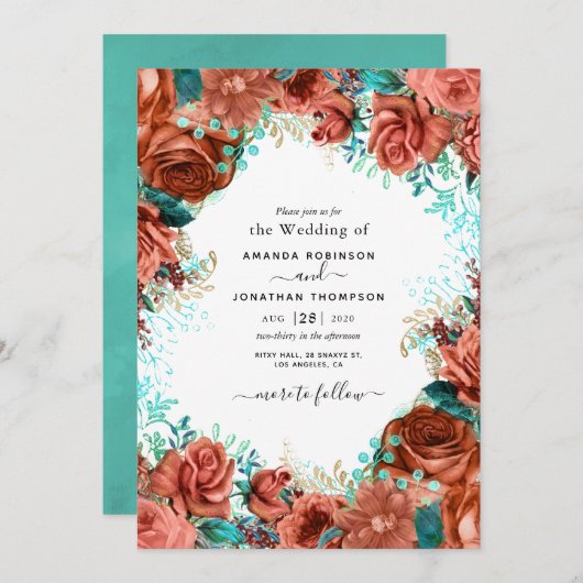 リビングコーラルとティール（緑がかった色）結婚式招待状 招待状 (正面/裏面)