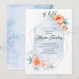 リビングコーラルアンドダスティーブルーフローラブライダルシャワー 招待状