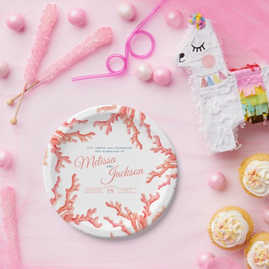 リビングコーラルウォーター結婚カラーカスタムアート ペーパープレート (パーティー)