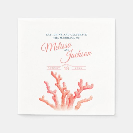 リビングコーラルオレンジ色の結婚青い水の色カスタムの スタンダードカクテルナプキン (正面)