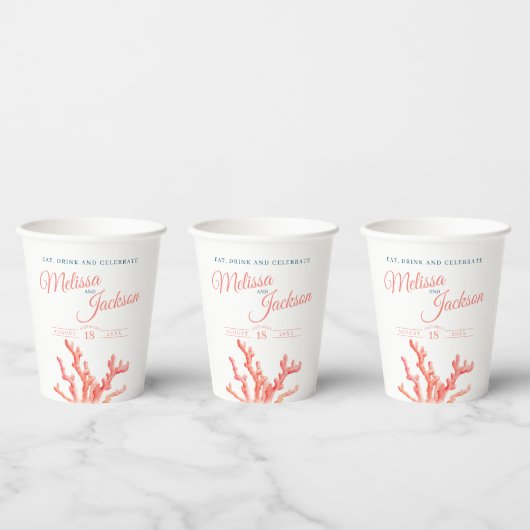 リビングコーラルオレンジ色の結婚青い水の色カスタムの 紙コップ (複数)