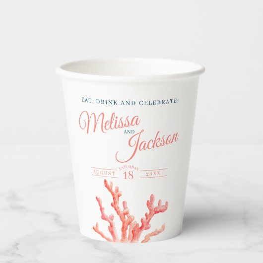 リビングコーラルオレンジ色の結婚青い水の色カスタムの 紙コップ (正面)