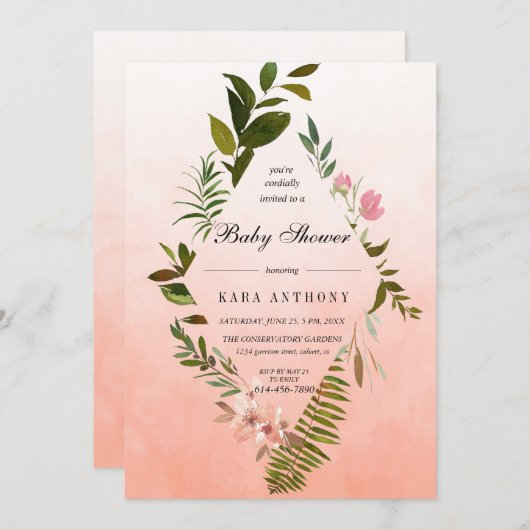 リビングコーラルグラデーションフォレストファーンベイビーシャワー 招待状 (正面/裏面)