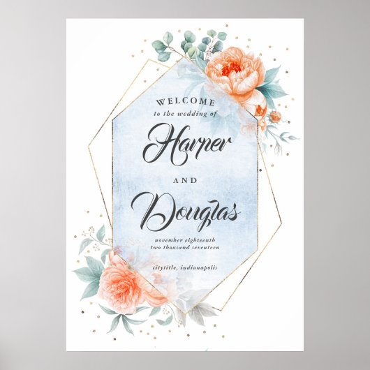リビングコーラルダスティブルーフローラ結婚ーのウェルカムサイン ポスター (正面)