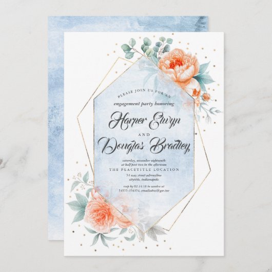 リビングコーラルダスティーブルーフローラ婚約パーティ 招待状 (正面/裏面)