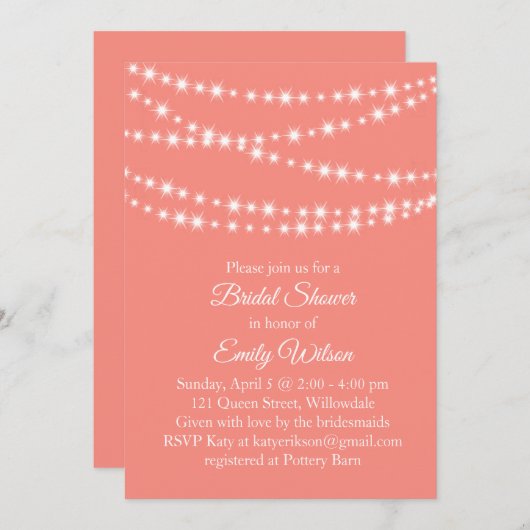 リビングコーラルトゥインクルライトブライダルシャワー 招待状 (正面/裏面)