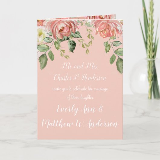 リビングコーラルピンクまたは任意の色のフローラ結婚 招待状 (正面)
