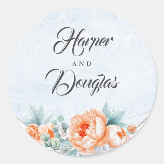 リビングコーラルフラワーズダスティブルーウォーター結婚カラー ラウンドシール (正面)