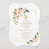 リビングコーラルフラワーズ金ゴールドグリッター聖餐会 招待状 (正面/裏面)