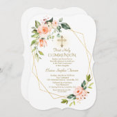 リビングコーラルフラワーズ金ゴールドフレーム聖餐式 招待状 (正面/裏面)