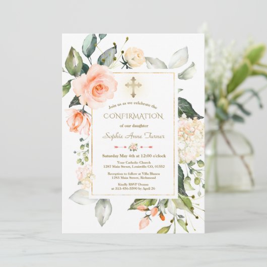 リビングコーラルフローラフレームグリッターバプテスマ 招待状 (スタンド正面)