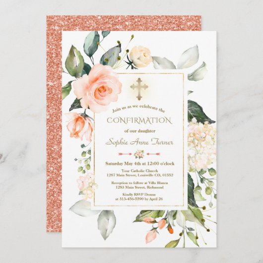 リビングコーラルフローラフレームグリッターバプテスマ 招待状 (正面/裏面)