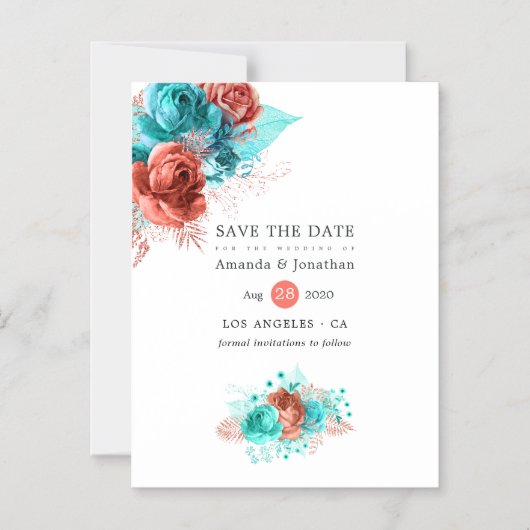 リビングサンゴとターコイズ結婚式の日付を保存 マグネット招待状 (正面)