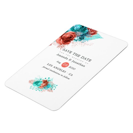 リビングサンゴとターコイズ結婚式の日付を保存 マグネット (左側)