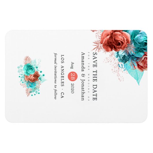 リビングサンゴとターコイズ結婚式の日付を保存 マグネット (横)