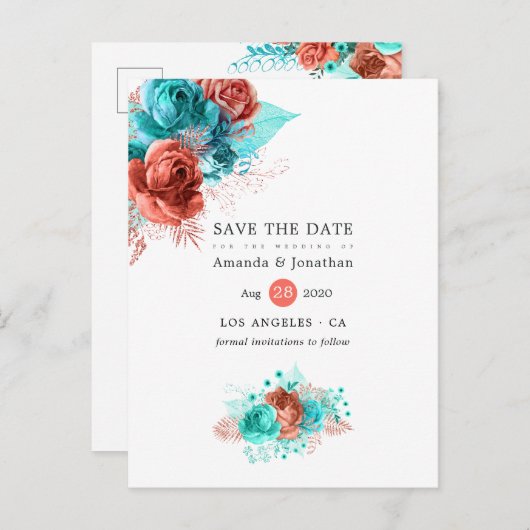 リビングサンゴとターコイズ結婚式の日付を保存 案内ポストカード (正面/裏面)