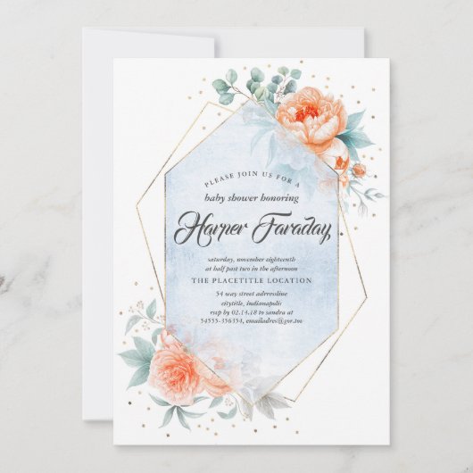 リビングサンゴと埃っぽい青いフローラベビーシャワー 招待状 (正面)