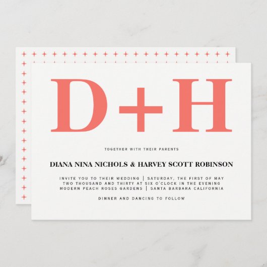 リビングサンゴはっきりしたイニシャル結婚タイポグラフィ 招待状 (正面/裏面)