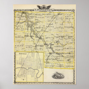 リビングストン郡とポンティアックの地図 ポスター