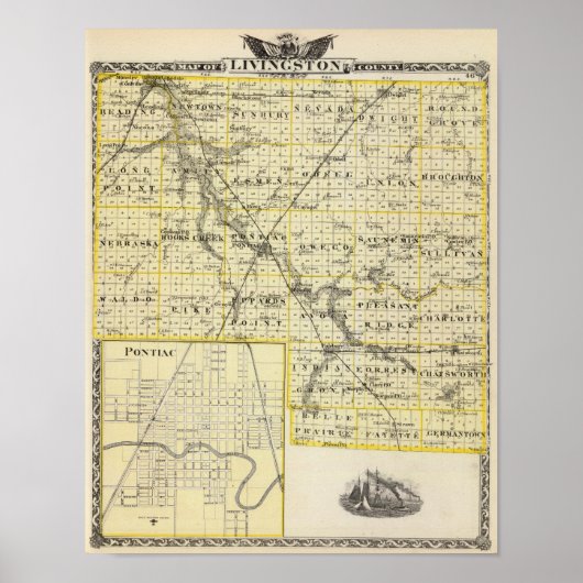 リビングストン郡とポンティアックの地図 ポスター (正面)