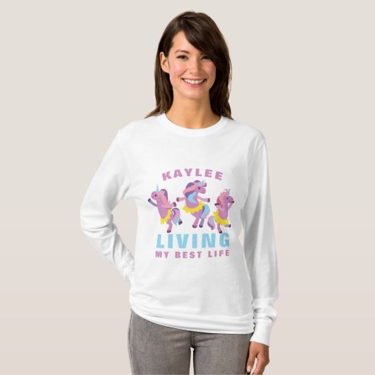 リビングマイ最高のライフピンクパープル踊りユニコーン Tシャツ (正面フル)