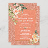 リビングモダンコーラルフラワーズコーラルグリッター結婚ズ 招待状 (正面/裏面)