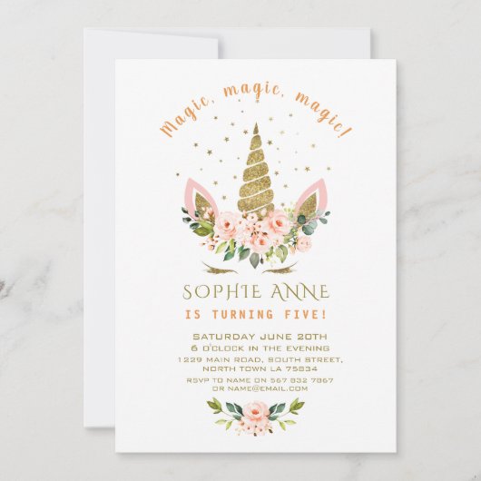 リビングモダンコーラルフラワーズ金ゴールドユニコーン誕生日 招待状 (正面)