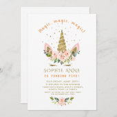 リビングモダンコーラルフラワーズ金ゴールドユニコーン誕生日 招待状 (正面/裏面)