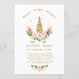 リビングモダンコーラルフラワーズ金ゴールドユニコーン誕生日 招待状