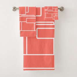 リビングモダンコーラル&ホワイト抽象芸術幾何学模様 バスタオルセット
