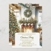 リビングルームとクリスマスツリーホリデイ 招待状 (正面/裏面)