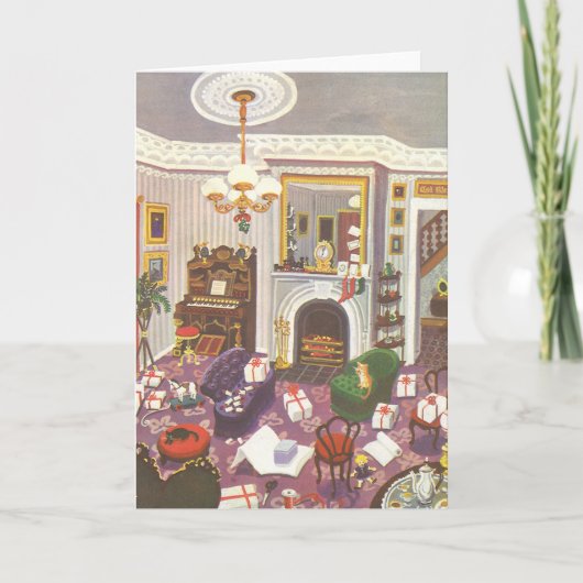 リビングルームのヴィンテージクリスマスラッピングプレゼント シーズンカード (正面)