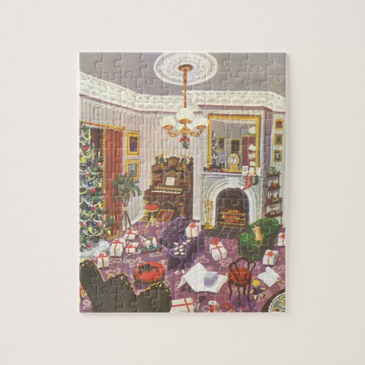 リビングルームのヴィンテージクリスマスラッピングプレゼント ジグソーパズル (縦)