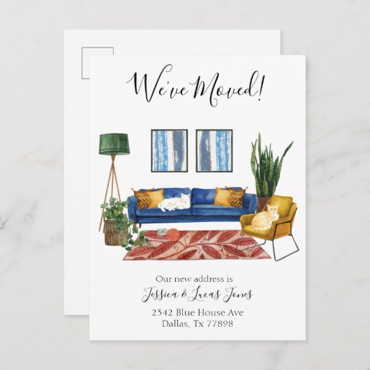 リビングルーム動くアナウンス引っ越しました猫 案内ポストカード (正面/裏面)