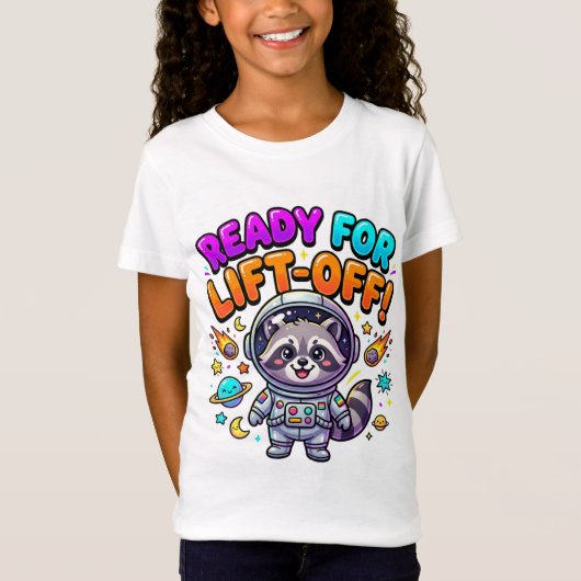 リフトオフ準備完了! かわいい宇宙飛行士のアライグマTシャツ Tシャツ (正面)