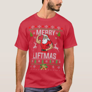 リフメリートマスおもしろいクリスマスジムリフティングサンタ Tシャツ