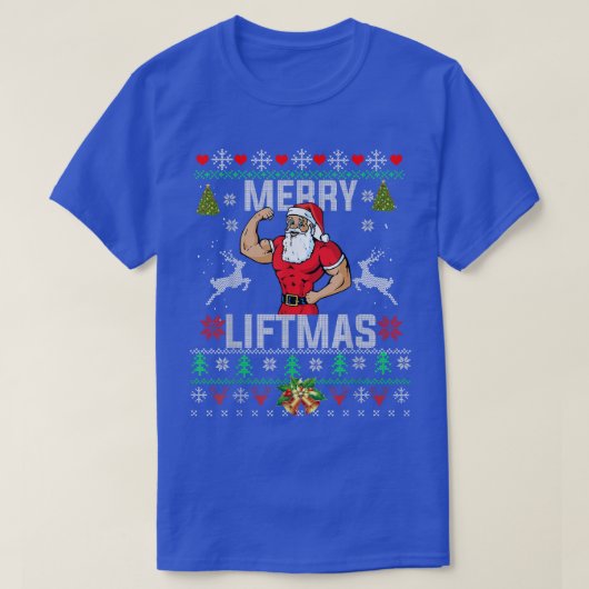 リフメリートマスおもしろいクリスマスジムリフティングサンタ Tシャツ (デザイン正面)